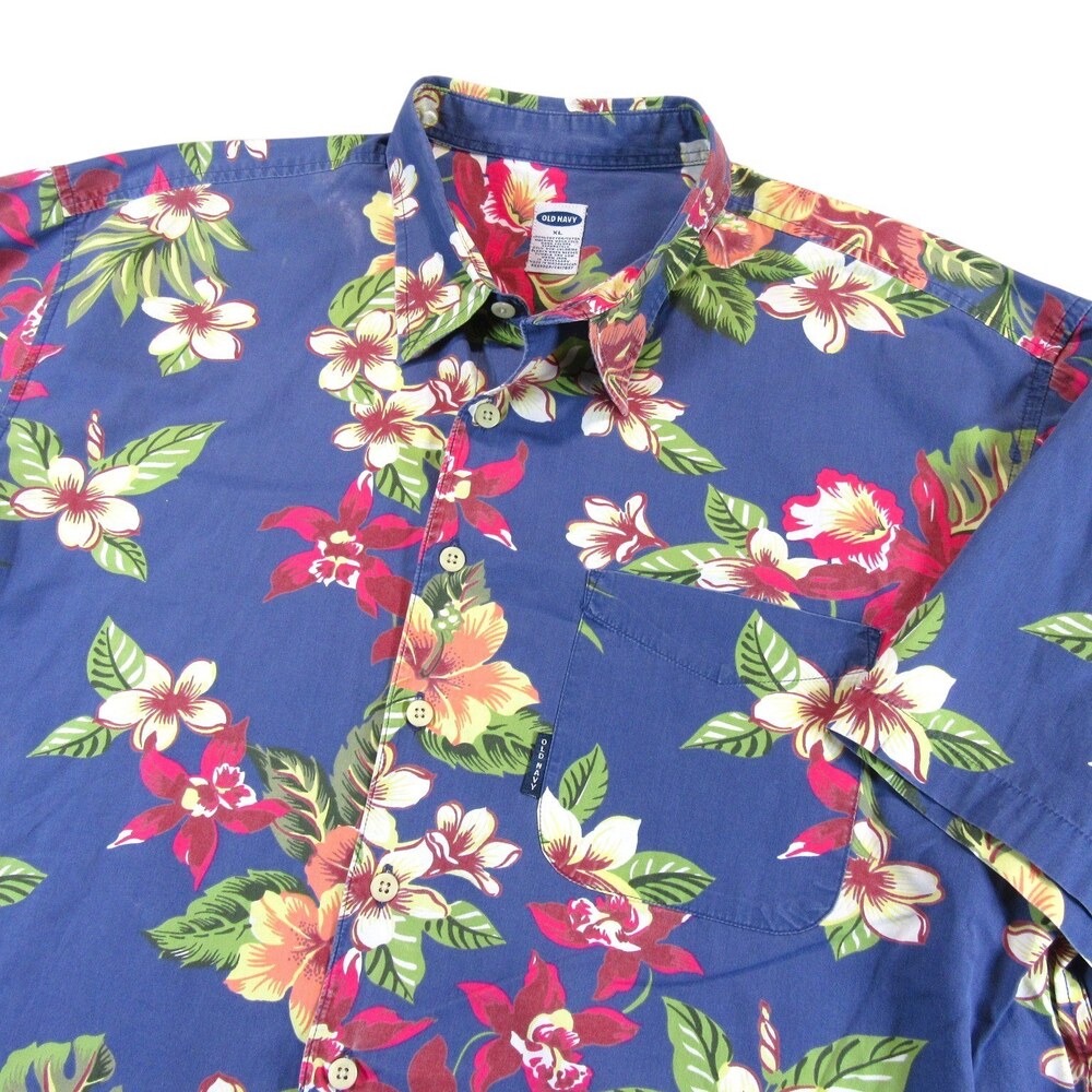 Vintage Old Navy Mens Hawaiian Shirt XL Navy Blue Floral 100% Cotton Pocket